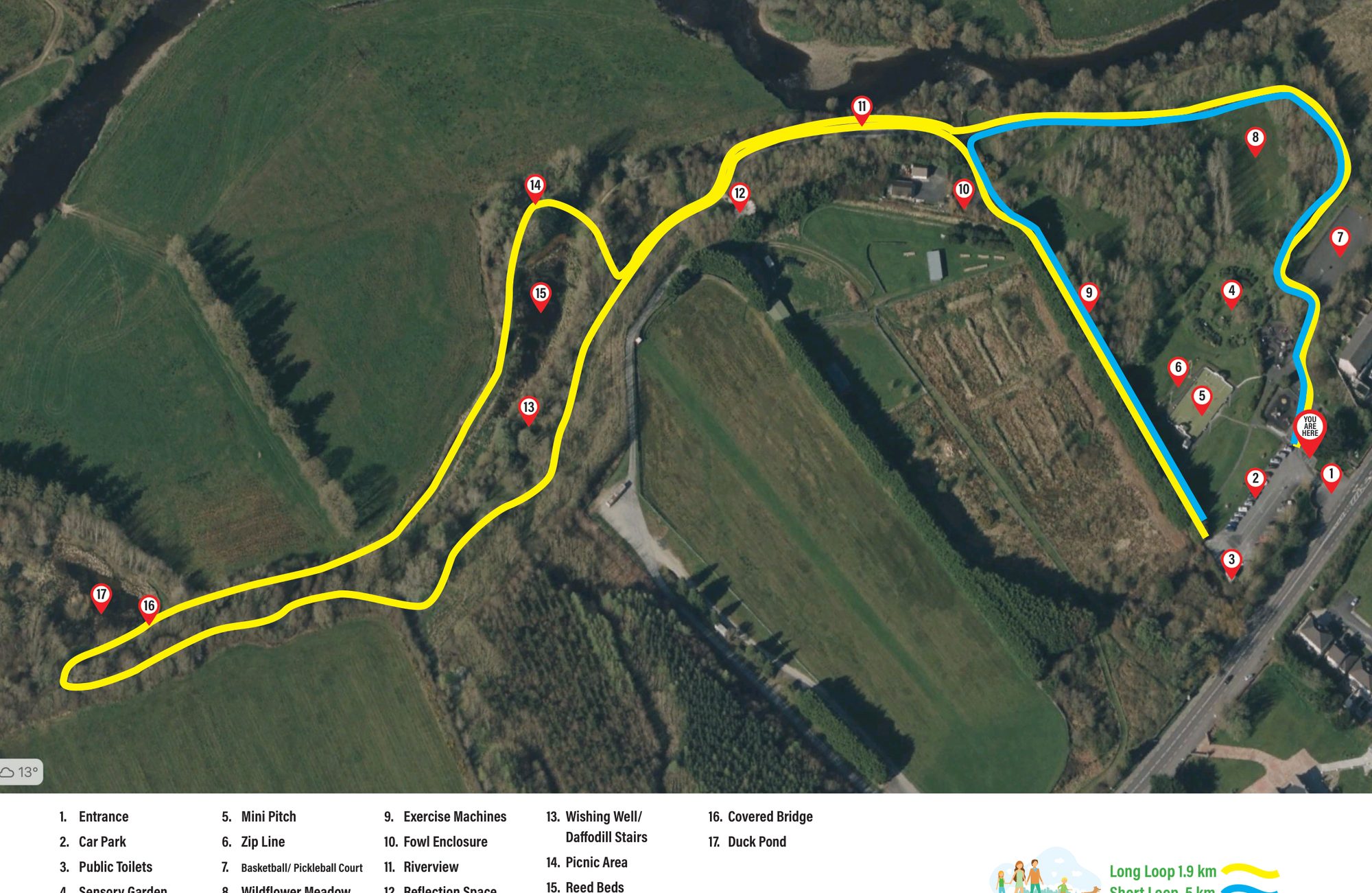 Aerial map of Abbeyfeale Town Park with the long and short loops marked and 17 numbered stops